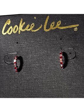 Cookie Lee Holiday Red Hoop Earrings Genuine Crystal Christmas Party Jewelry